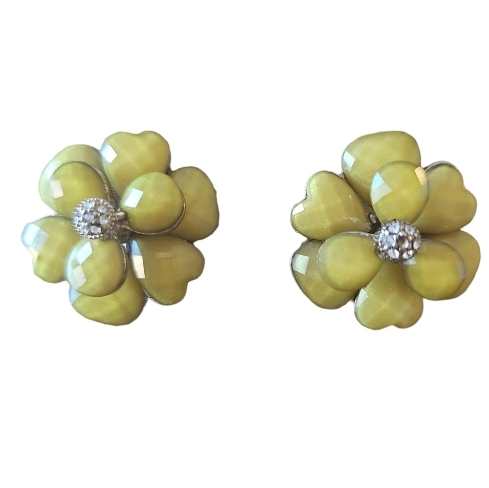 Vintage Gold Tone, Clear Rhinestones and Yellow Glass Flower Earrings